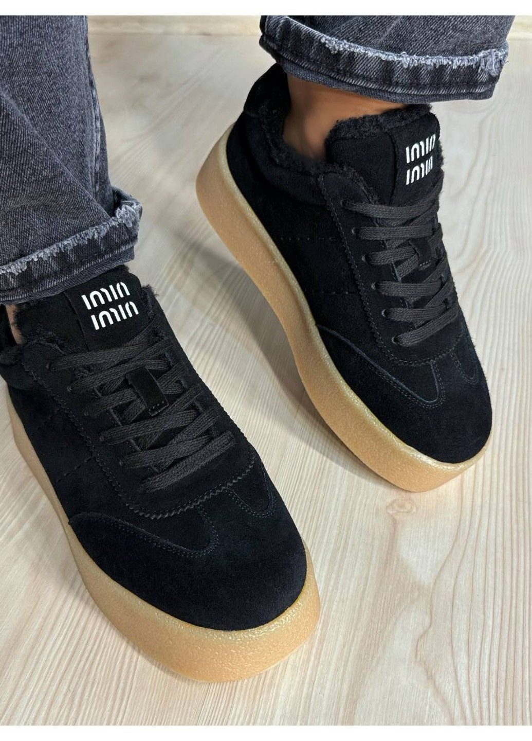 Черные кеды женские 633-1 утепленные замшевые на меху черные Hengji