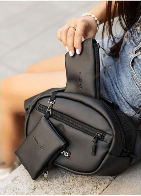 Сумка крос-боді через плече з екошкіри жіноча для документів та для телефону середня Чорний 40358 Sambag (361970286)