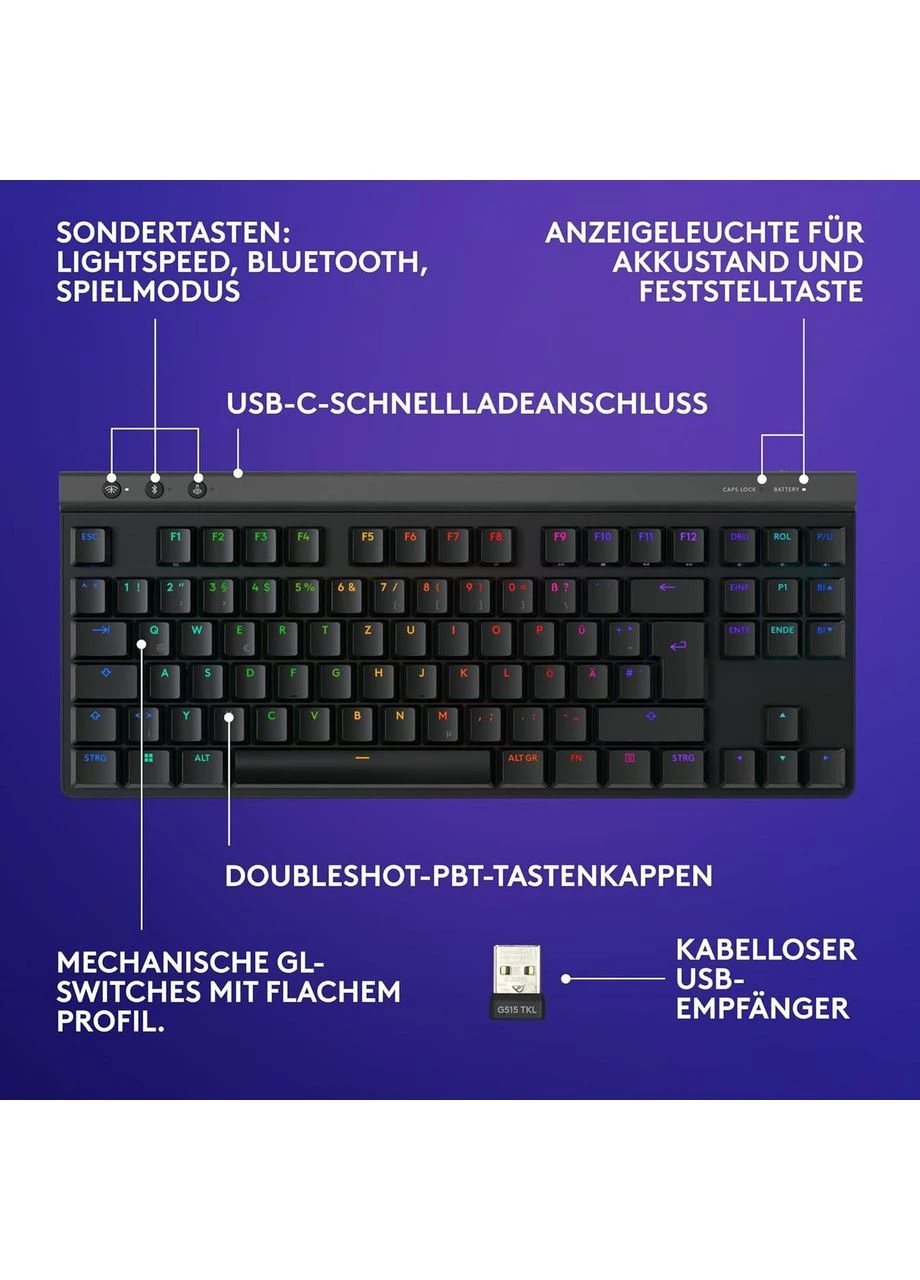 Бездротова ігрова клавіатура G G515 з RGB-підсвіткою, низькопрофільна механічна з лінійними перемикачами, QWERTZ чорна Logitech (371644649)