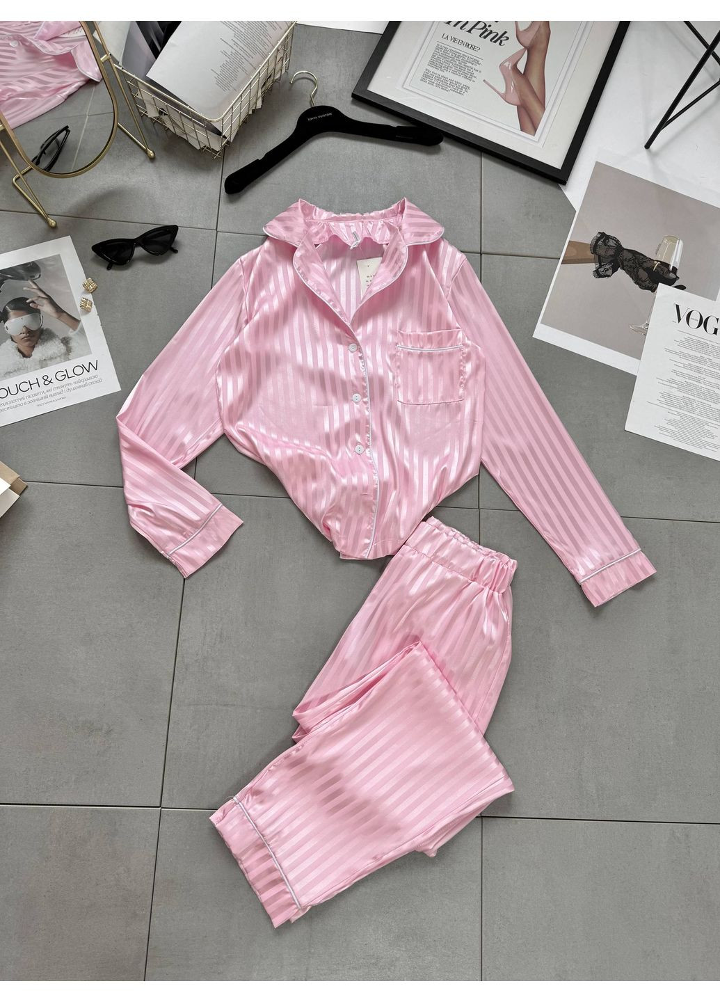 Розовая всесезон пижама из нежного шелка — замеры в описании рубашка + брюки GD/GL Модний простір