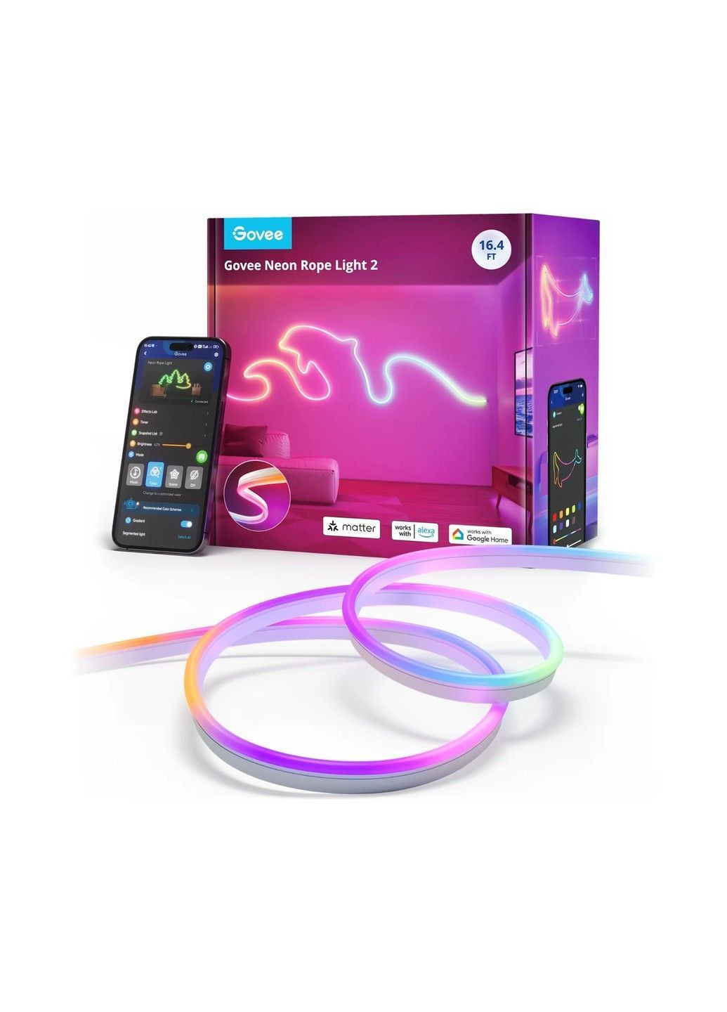 Розумна гнучка неонова LED стрічка 5 метрів RGBIC NEON ROPE 2 Біла Wi-Fi + Bluetooth Matter Govee (371763905)