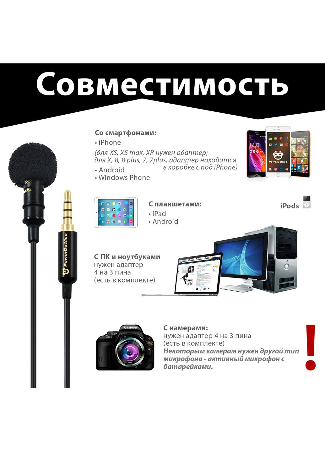 Петличный микрофон 3.5мм для записи голоса на телефоне + шнур 2м (581045) PowerDeWise (300854132)