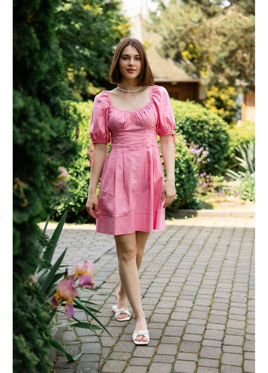 Рожева сукня лляна міні зі складками по таліїї рожева Bessa
