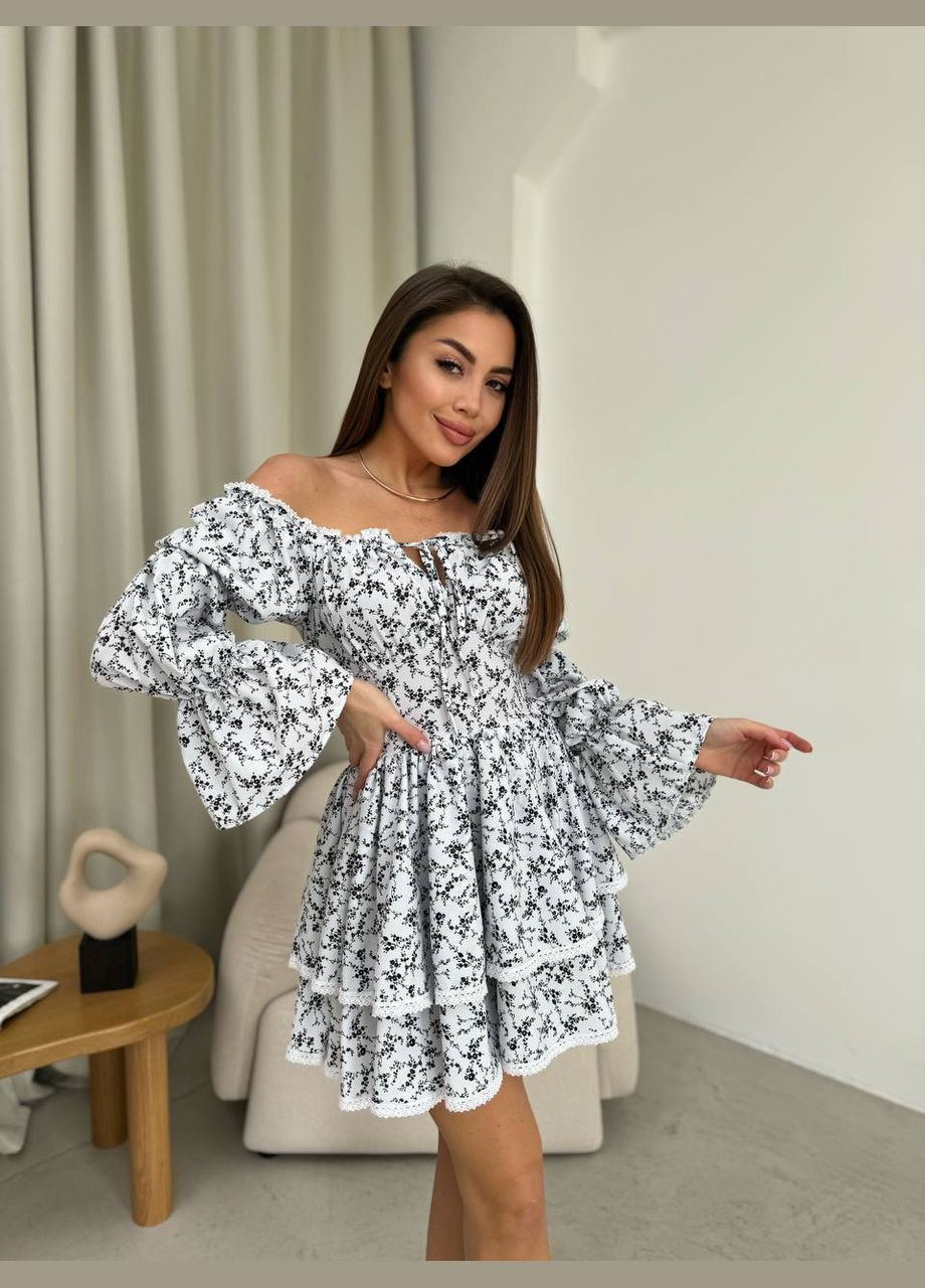 Белое красивое летнее белое платье с открытым декольте и длинным рукавом, короткое платье в цветочном принте из качественного софта No Brand