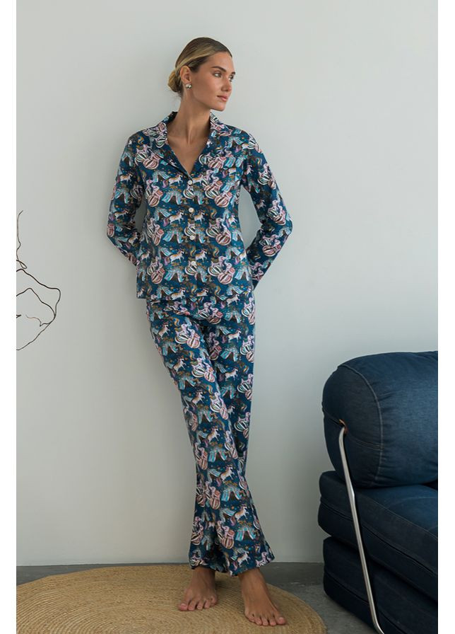 Синя всесезон піжамний костюм з бавовни з брюками shapito Forly