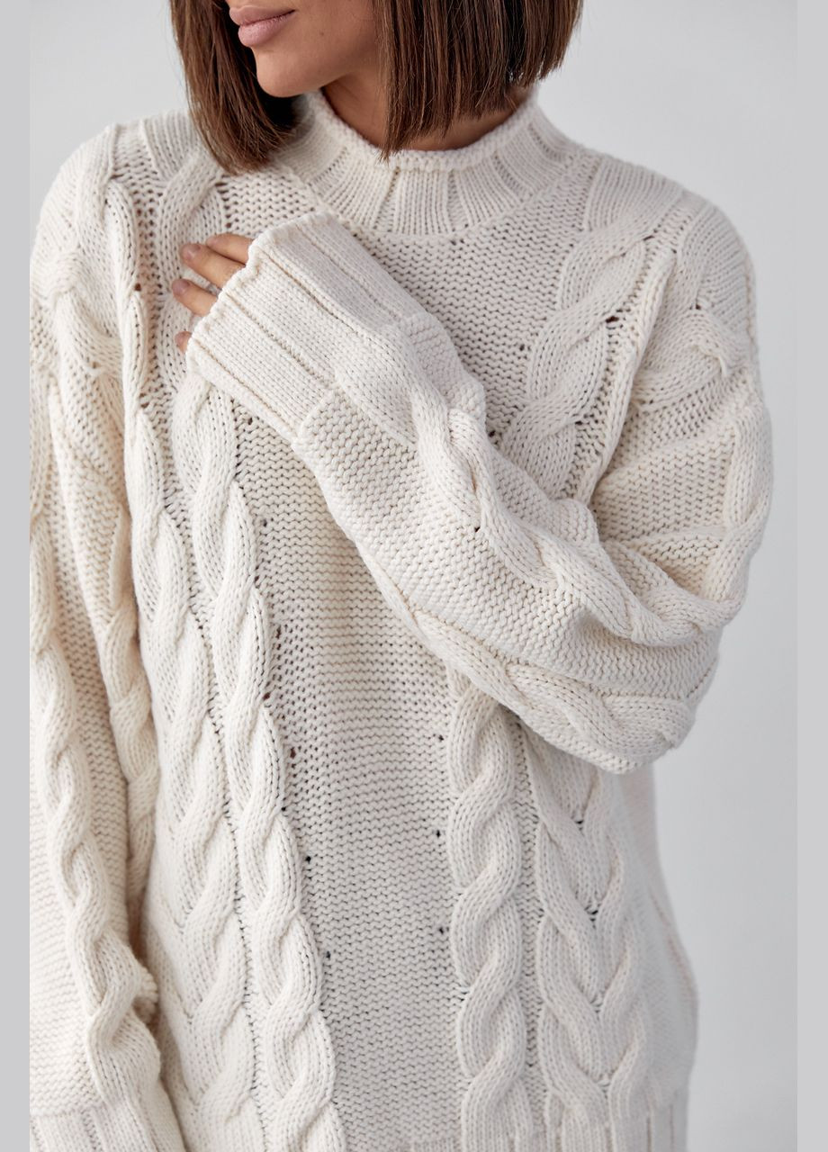 Молочный зимний вязаный свитер с косами oversize 231198 Lurex