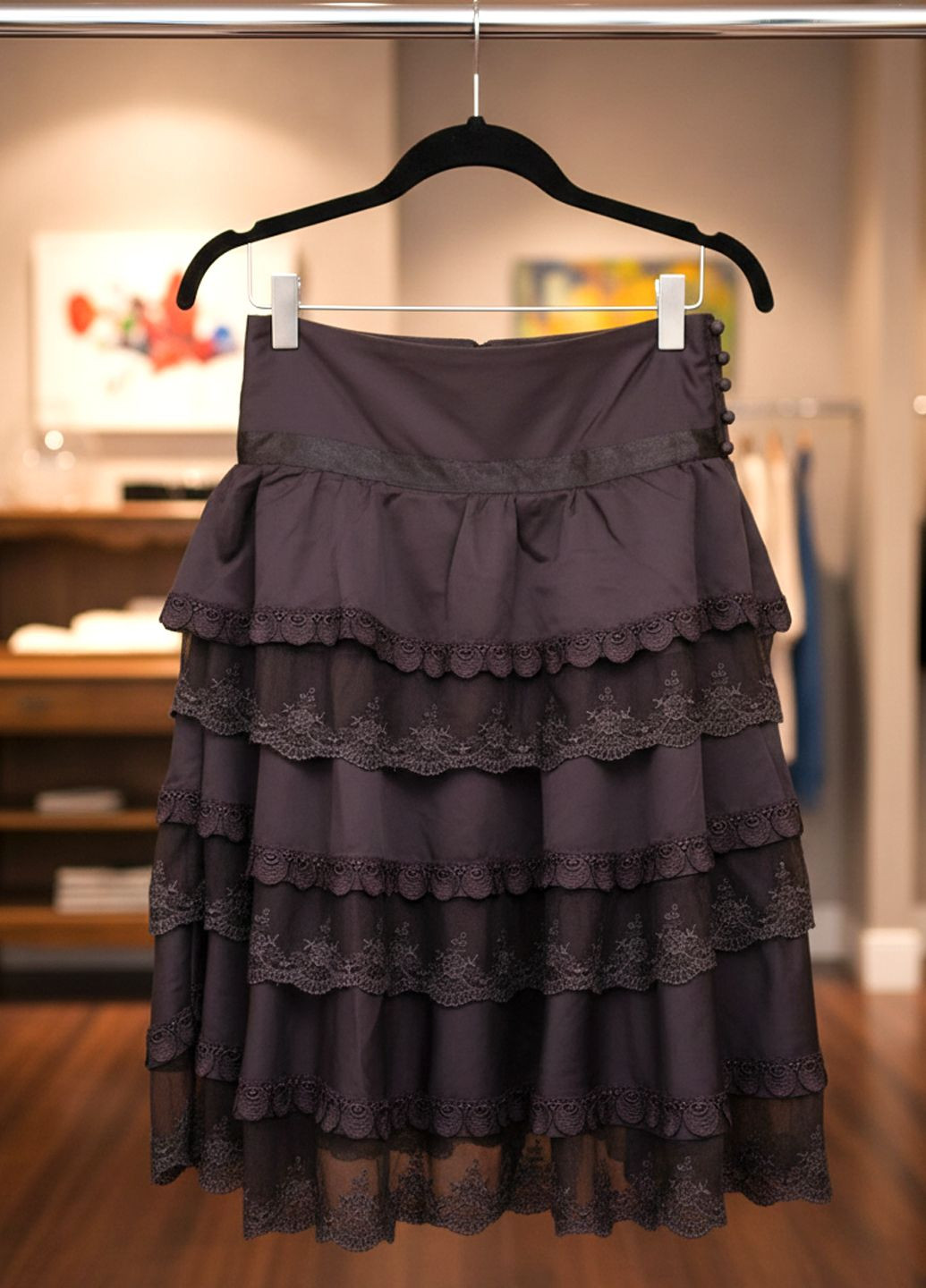 Коричневая вечерний юбка миди атласная с кружевами m-15-1 черный No Brand