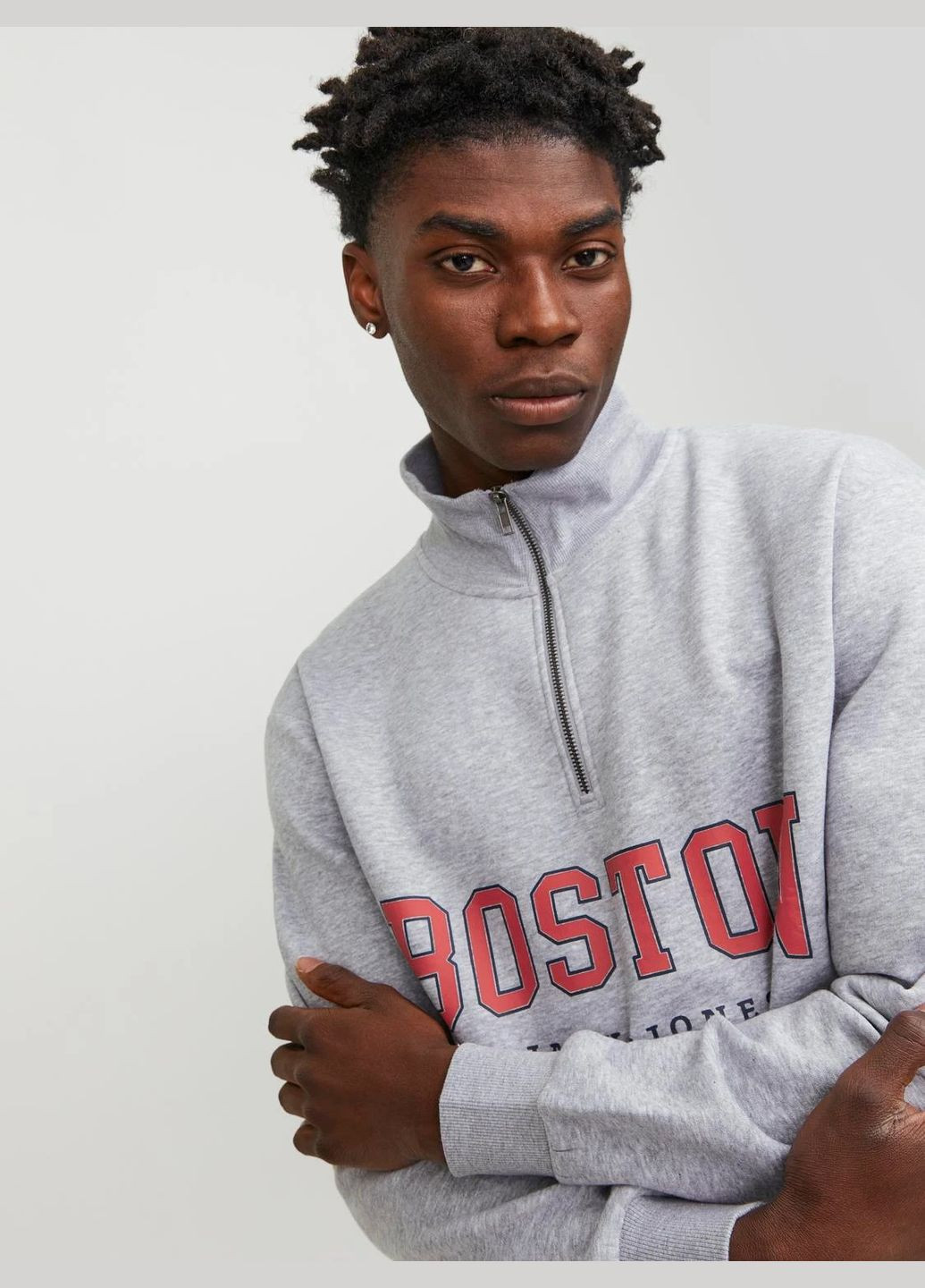 Сірий jack&jones 12257392 світшот чоловічий утеплений з високим горлом і блискавкою Jack & Jones однотонний блискавка, без декору (316605712)