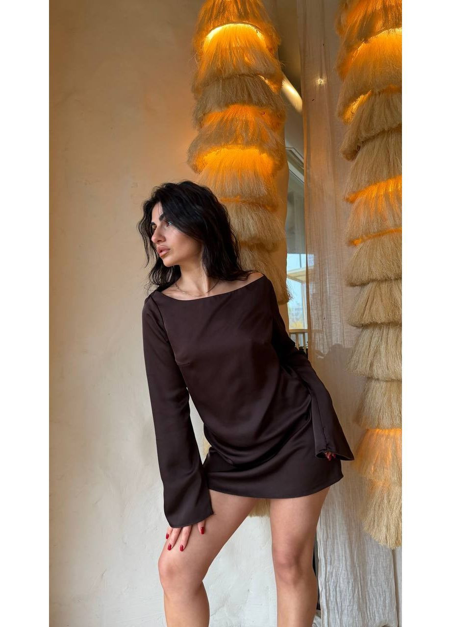 Темно-коричневое праздничный, коктейльное, вечернее, кэжуал шелковое мини платье на низкий рост Vakko однотонное