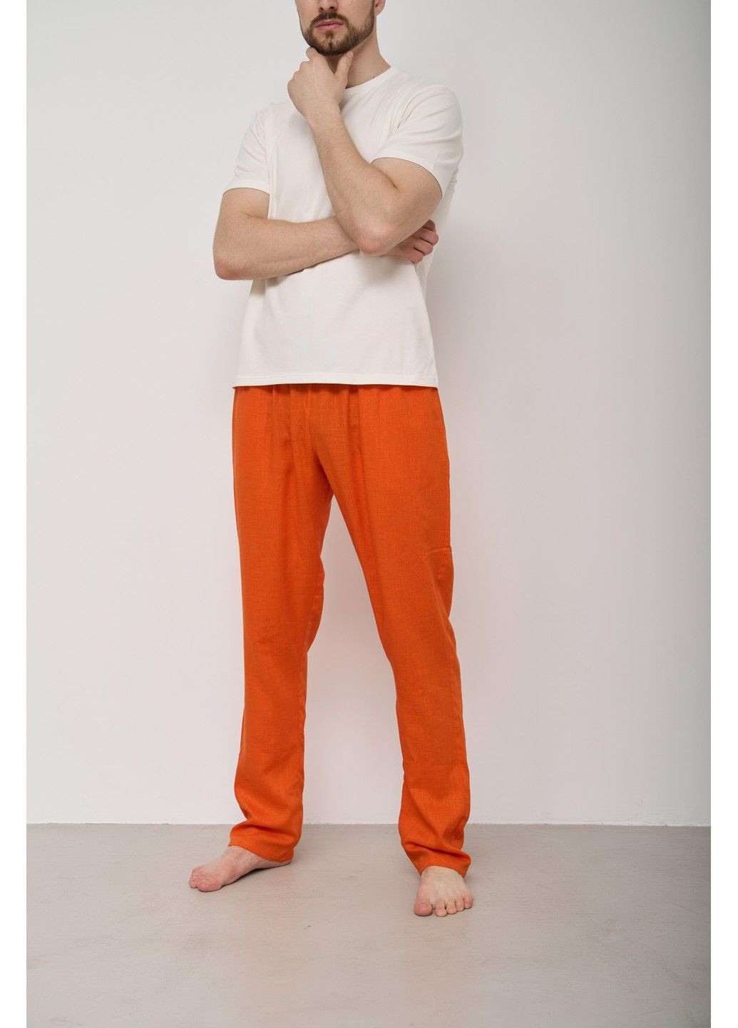 Пижама мужская футболка молочная + штаны лен оранжевые Handy Wear (280931904)