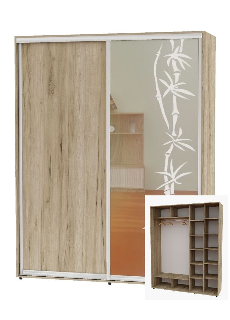 Шкаф-купе двухдверный 200*60*220 Дуб крафт серый ДСП/Зеркало с пескоструйным рисунком Алекса (360462425)
