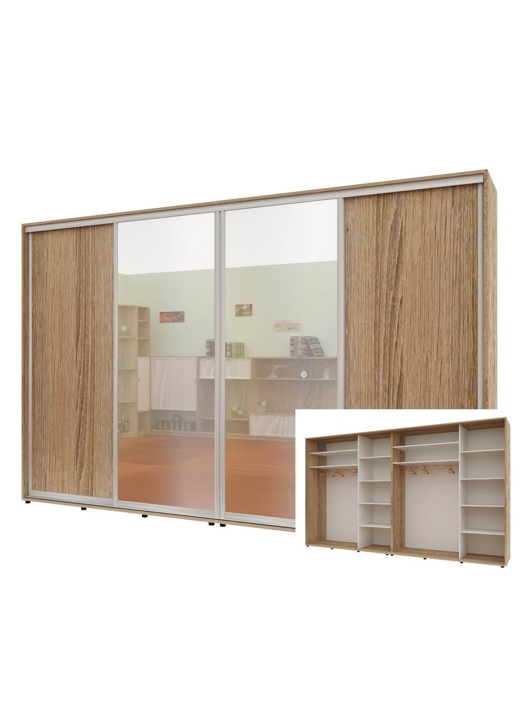 Шафа-купе чотиридверна 340*45*210 см Натуральний ДСП + Дзеркало + Дзеркало + ДСП Стандарт Комфорт Меблі (360470441)
