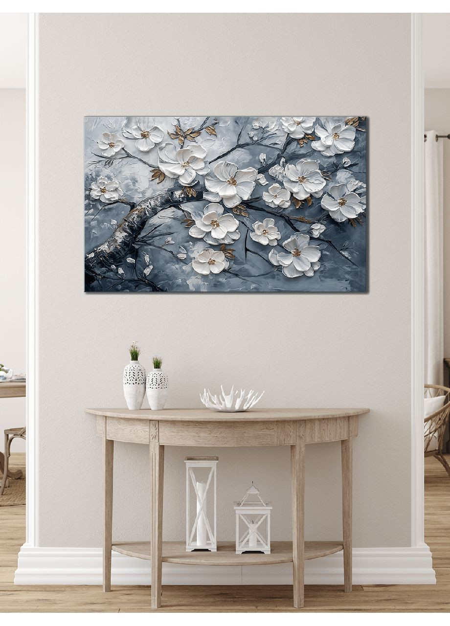 Картина на стіну у вітальню/спальню "Срібляста гілка з білими квітами" 60x100 см MN10111 Mako (373272922)