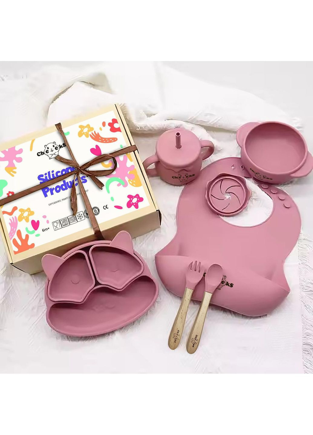 Набір силіконового дитячого посуду для прикорму на присосках темно рожевий+Силіконова пустушка ортодонтична колір Червона Cheeks (350315147)