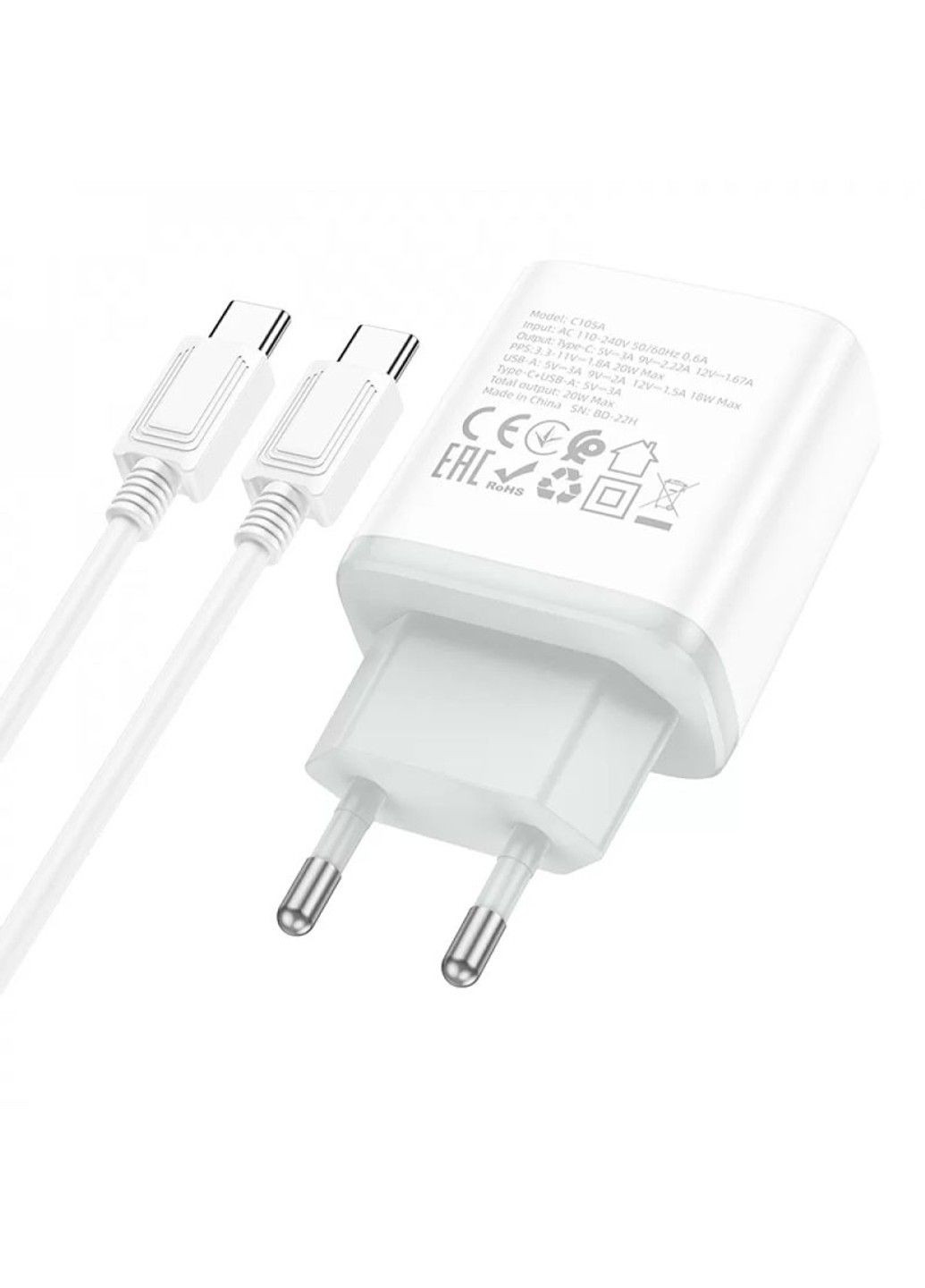 СЗУ C105A Stage PD20W+QC3.0 (1USB-A/1C) + кабель Type-C to Type-C Hoco (324104474)
