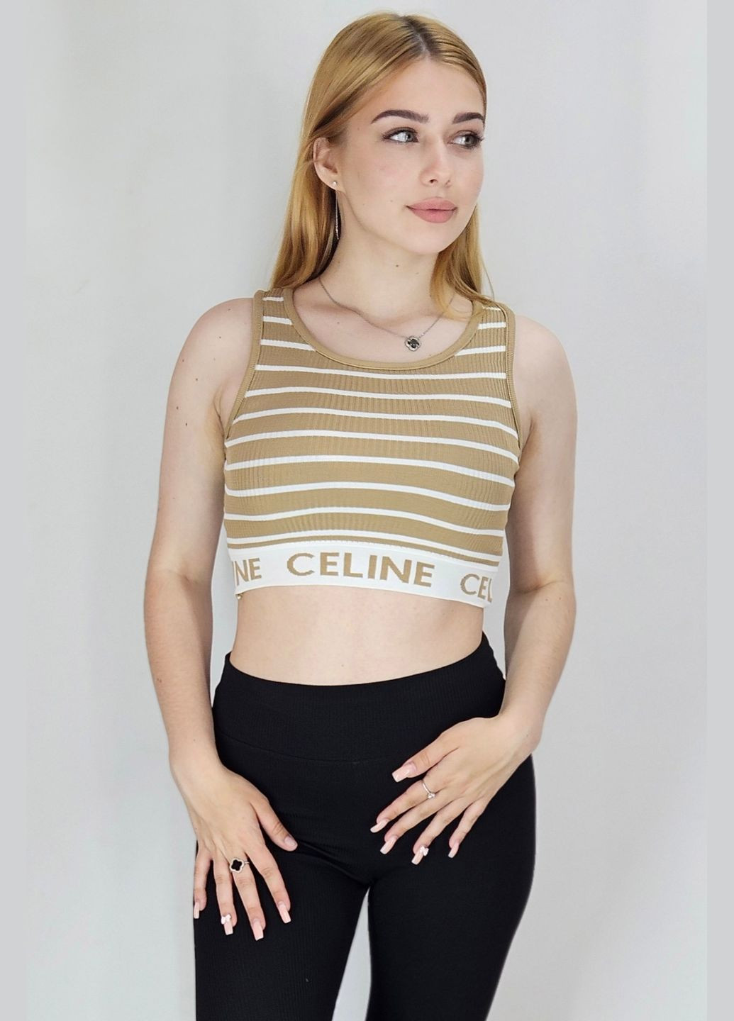 Топ-майка в рубчик женский бежевого цвета Let's Shop — 296777454