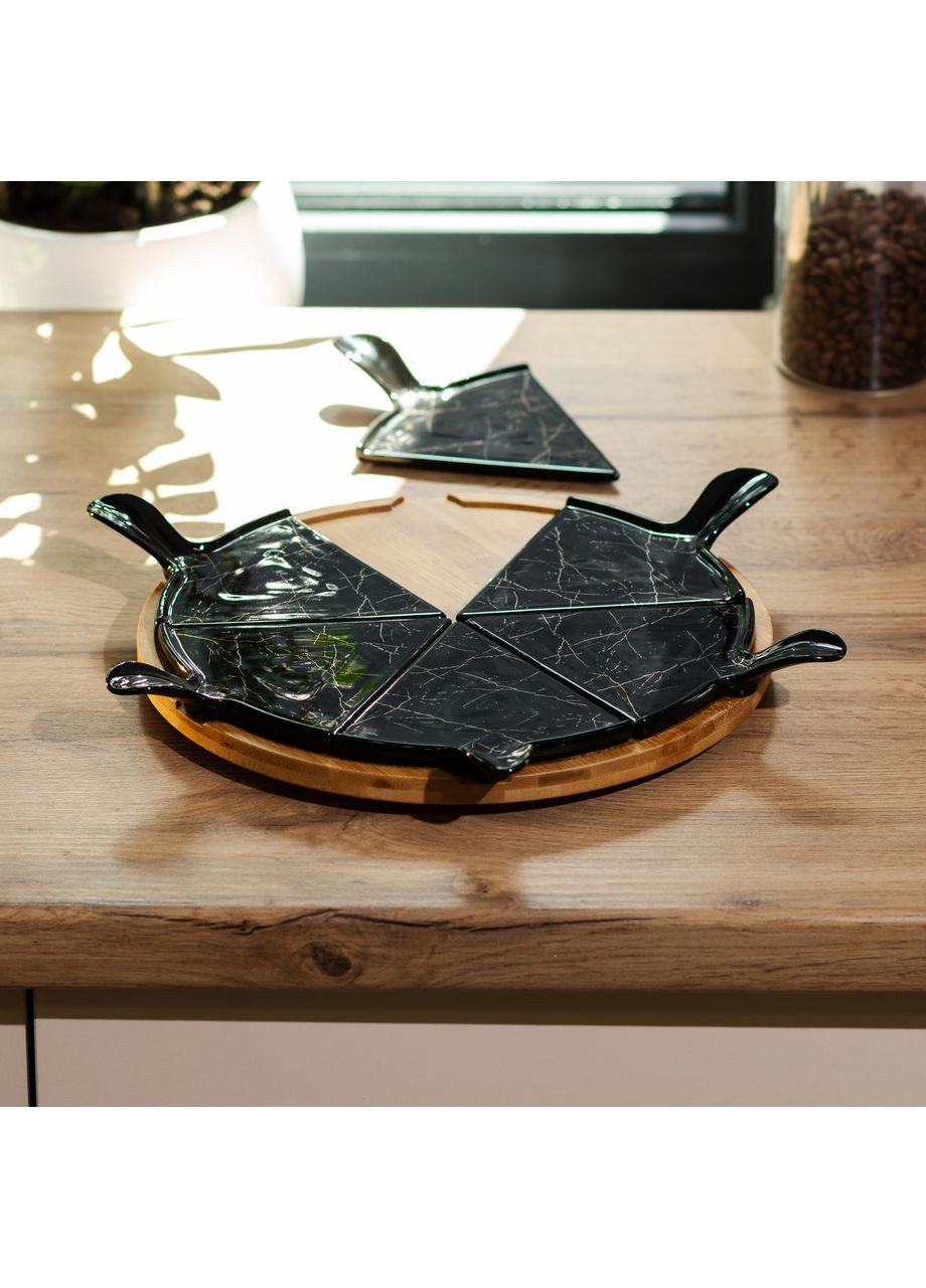 Тарілка для піци 28 см керамічна з бамбуковою підставкою, що обертається, секційна чорна Yiwu (360456683)