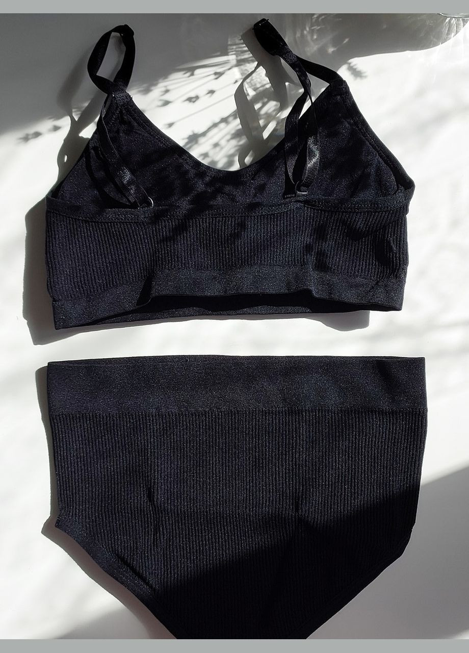 Черный демисезонный комплект белья женский в рубчик топ бюстгальтер трусы honey fashion accessories s/м бежево-фиолетовый (2-72) No Brand