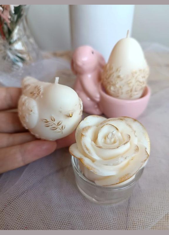 Набір ароматичних великодніх свічок 3 шт горлиця, яйце, троянда, 100% соєвий віск Hand Made (317292725)