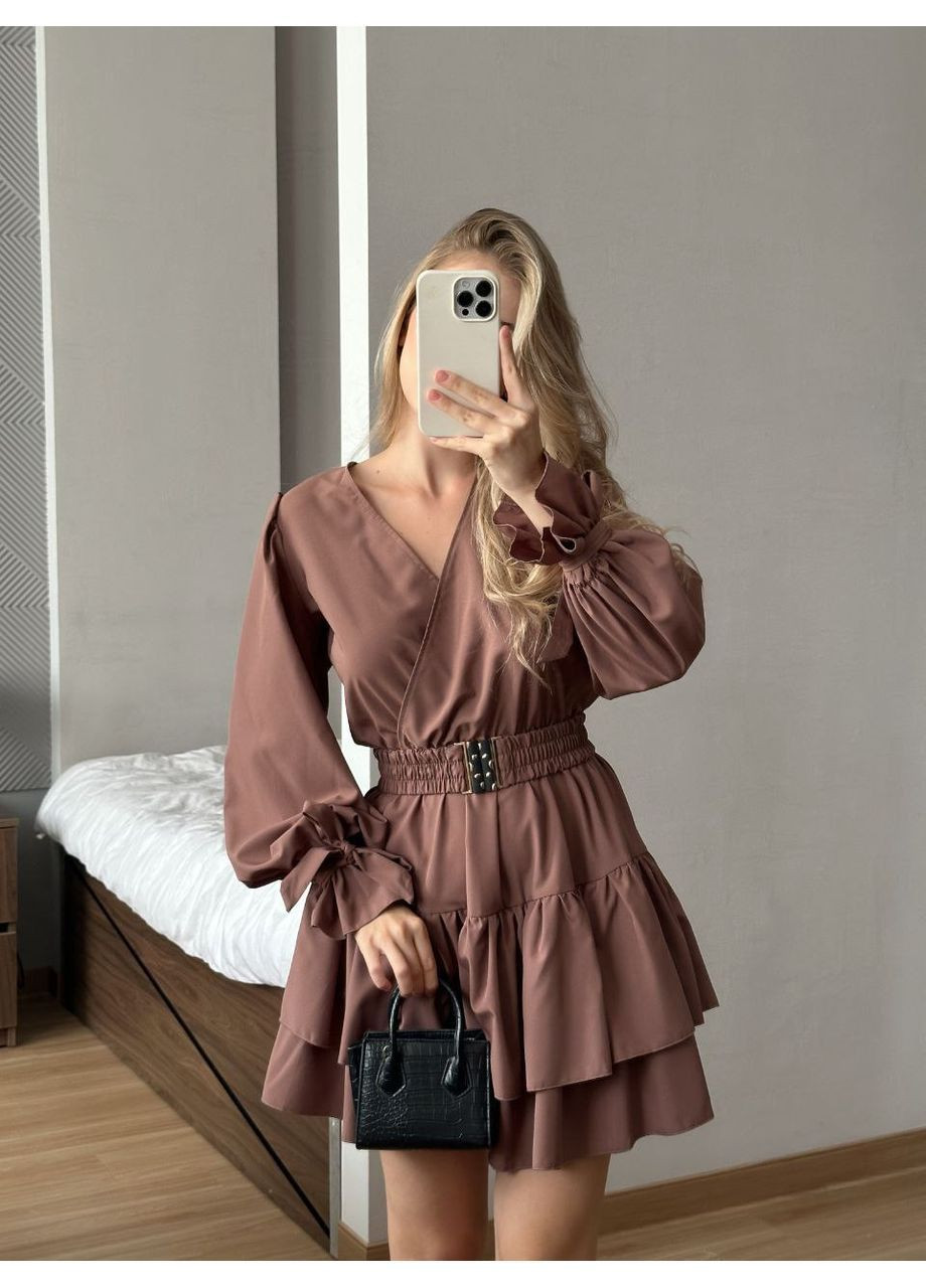 Коричневое праздничный, вечернее, кэжуал женское платье с воланами а-силуэт Style Point однотонное