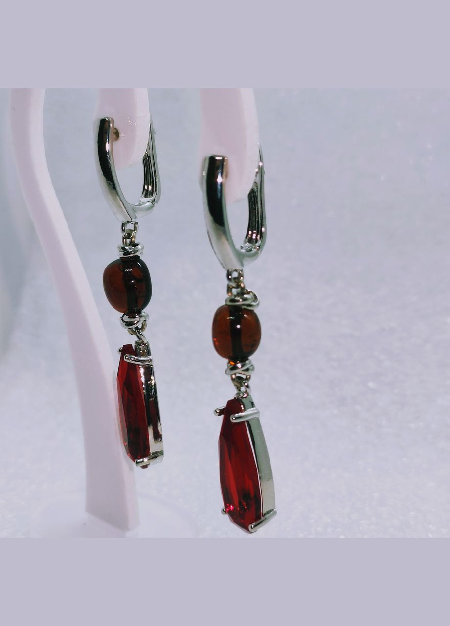 Сережки 3173 з натурального бурштину відтінок бордовий MINOV (316470509)