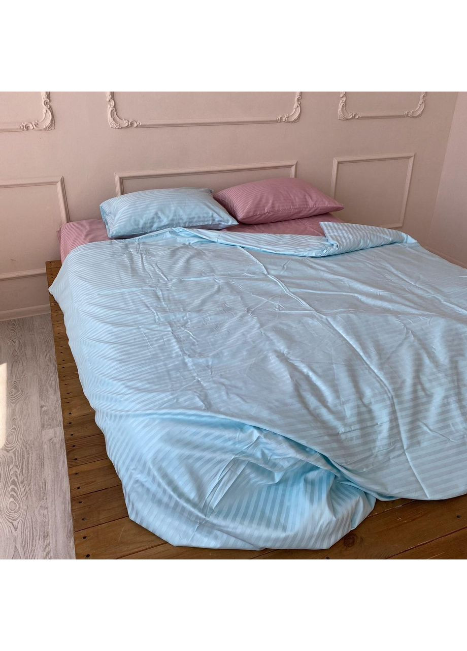 Постельное белье Пудра + лазурная страйп сатин PREMIUM Двуспальный размер, наволочки 70/70 No Brand (364217916)