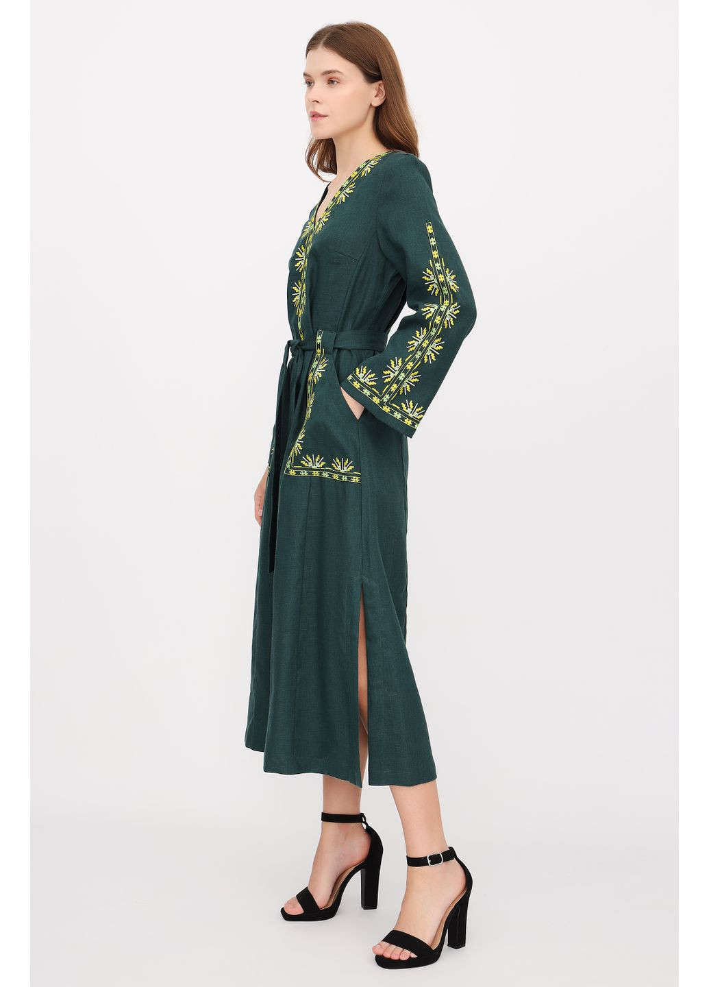 Зелена довга жіноча сукня з льону під пояс з квітковою вишивкою та довгим рукавом людмила., р., код 0480/42/331 ГАЛЕРЕЯ ЛЬОНУ