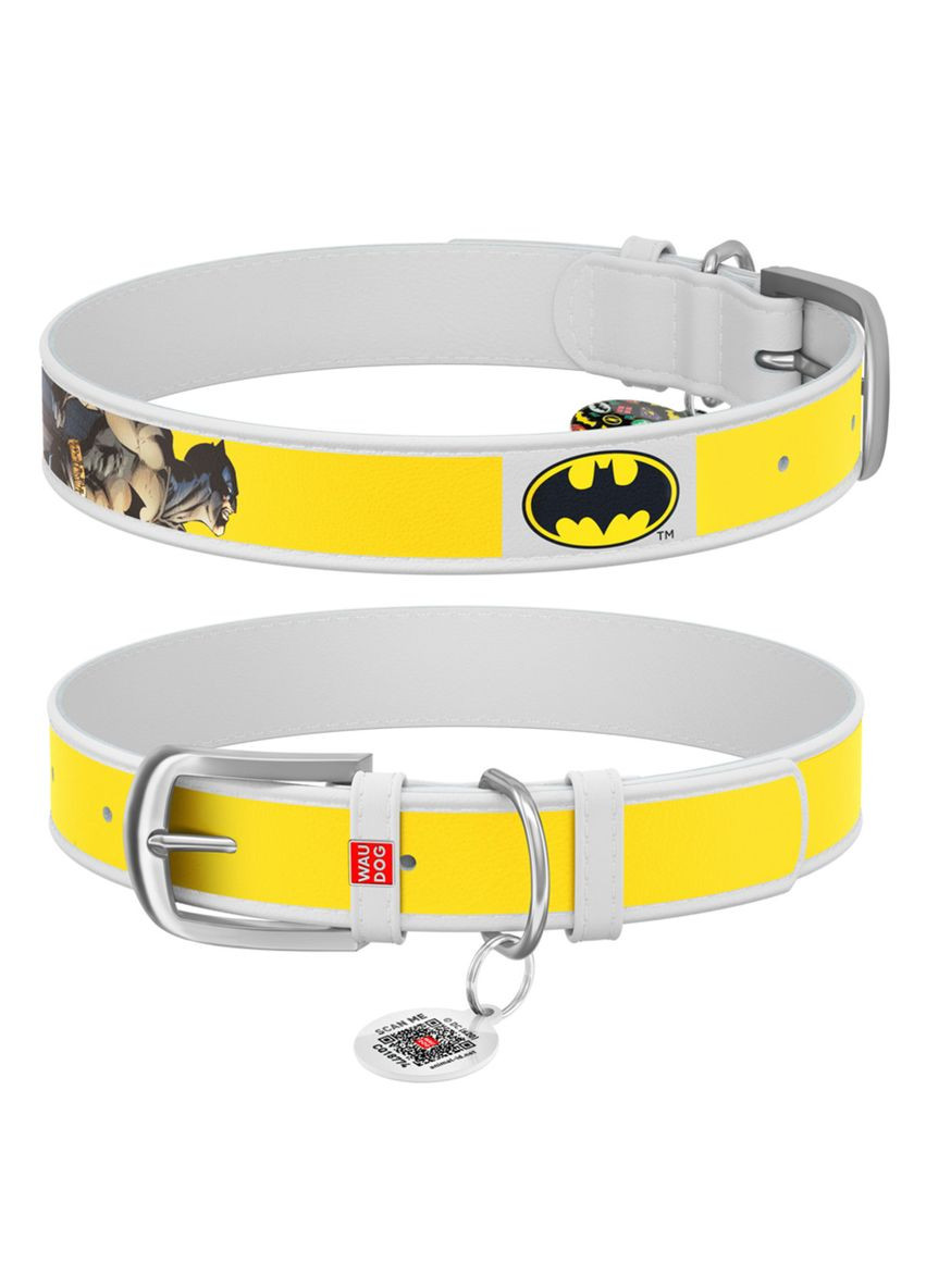 Ошейник для собак кожаный Design с QR паспортом, рисунок "Бэтмен2",, Ш 35 мм, Дл 46-59 см, WAUDOG (279573062)