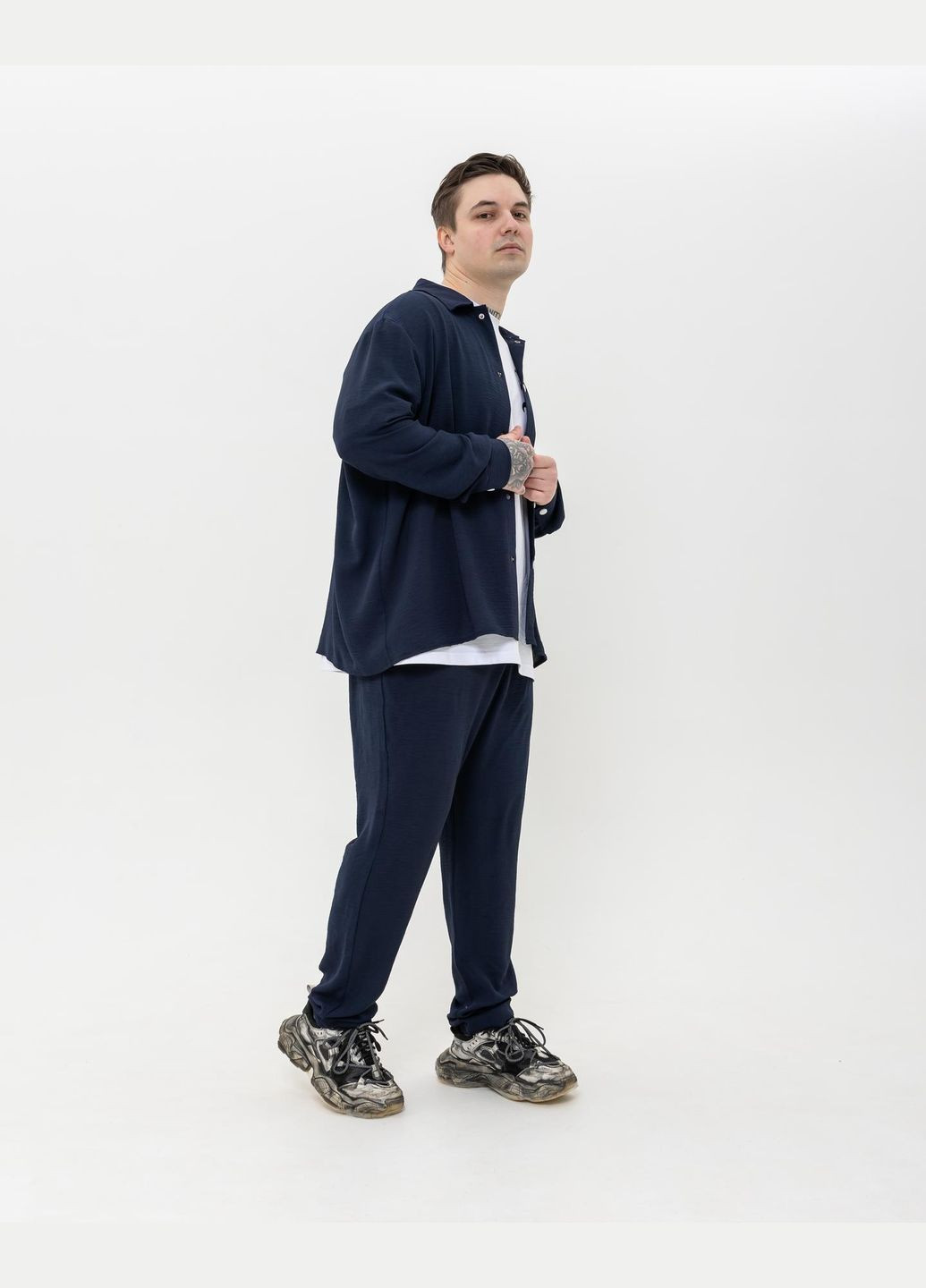 Темно-синій демісезонний костюм чоловічий сорочка-штани з сорочкою, брючний No Brand