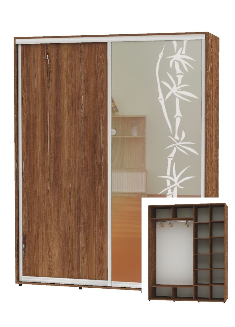 Шкаф-купе двухдверный 200*60*240 Дуб винтаж ДСП/Зеркало с пескоструйным рисунком Алекса (360435485)