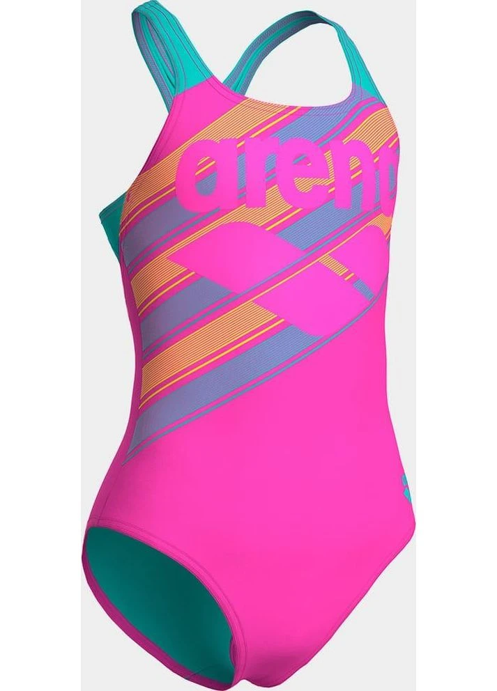 Комбинированный летний слитный купальник для девочек lines swimsuit swim pro back розовый, бирюзовый 128 см Arena