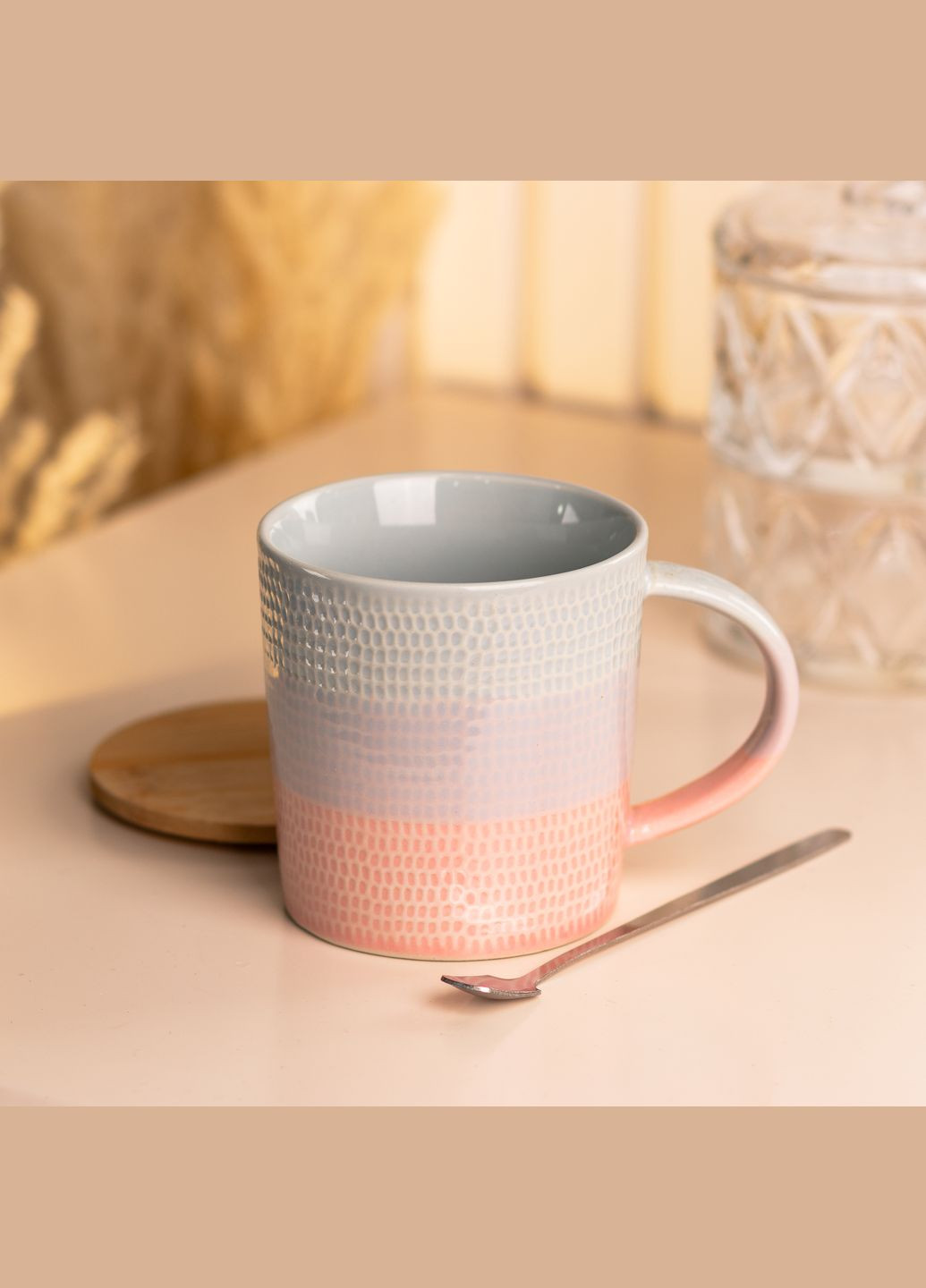 Чашка порцелянова в скандинавському стилі 350 мл з кришкою та ложкою, Happy Life (361678521)