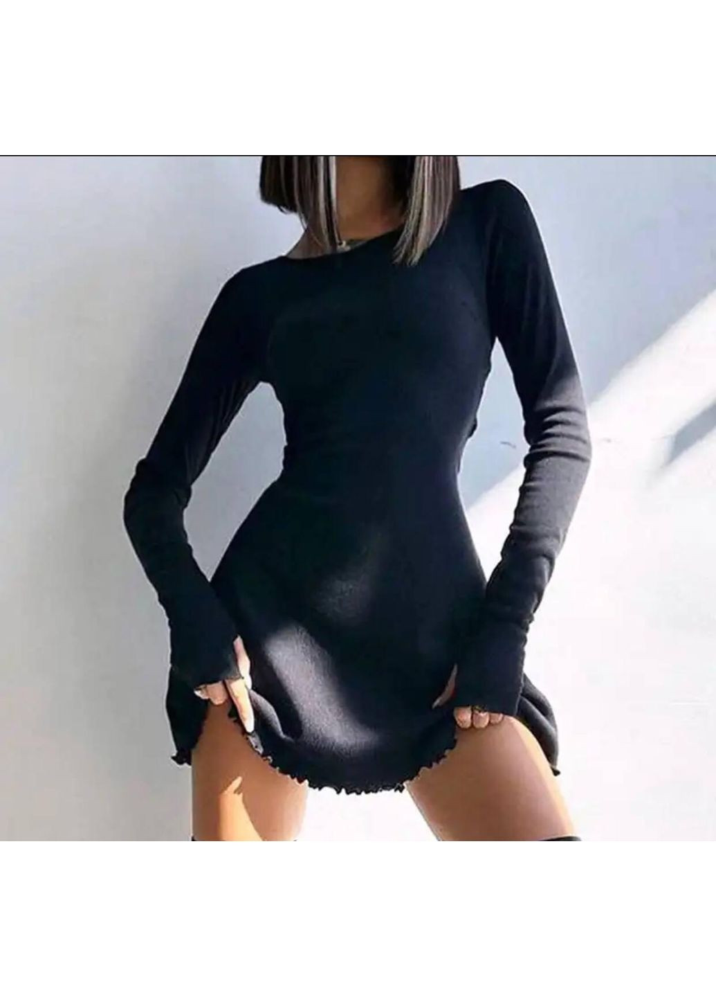 Бежева повсякденний сукня жіноча в рубчик зав'язується на талії м'яка з прорізами на рукавах котортка дзвін No Brand однотонна