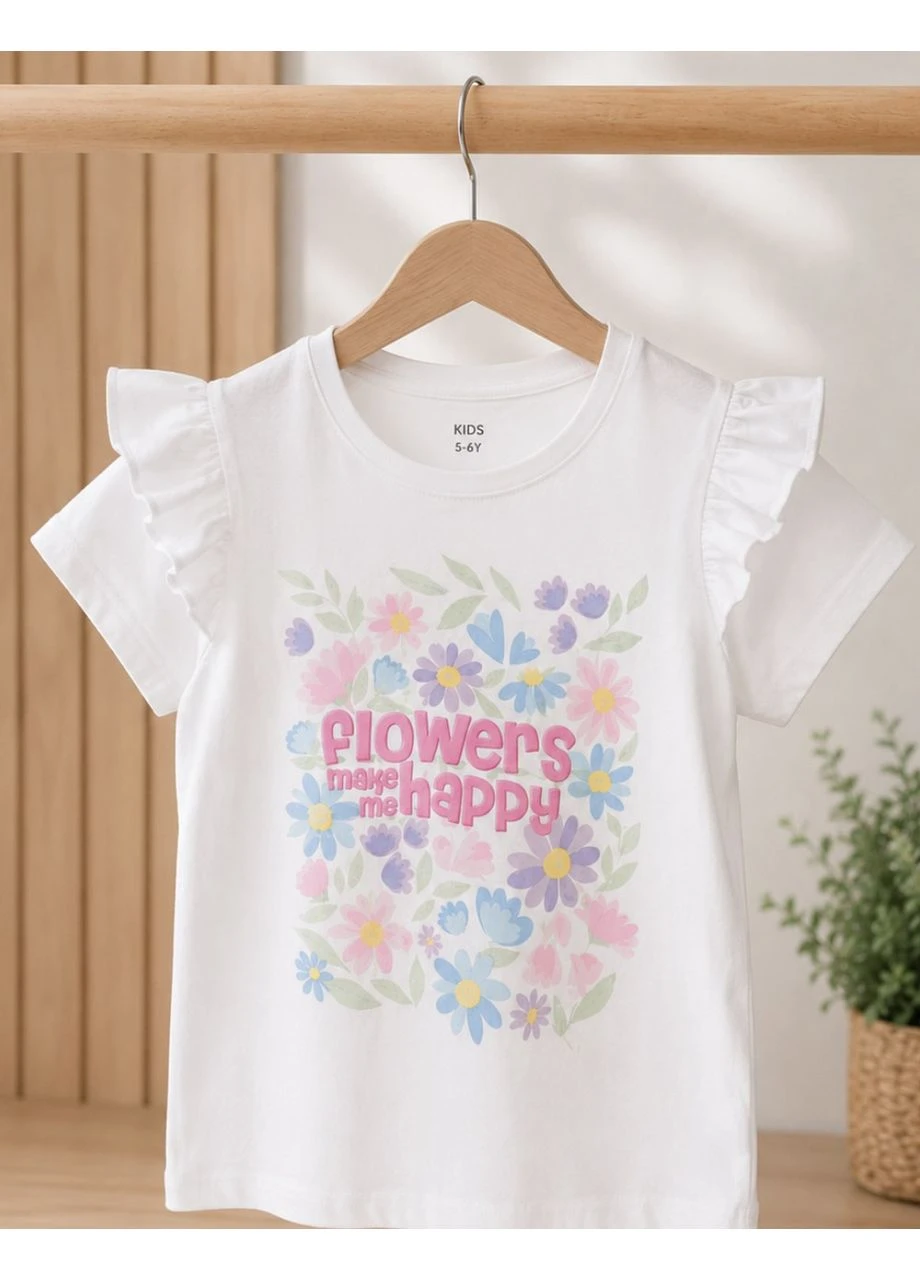 Белая летняя футболка для девочки белая «flowers make me happy» с рюшами No Brand
