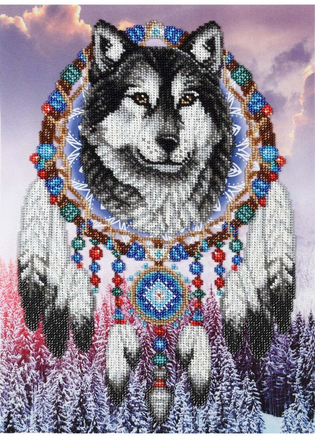 Набор для вышивки бисером " Ловец снов " оберег, лес, снег, волк, небо, амулет частичная выкладка, 25х33.5 см No Brand (333165752)