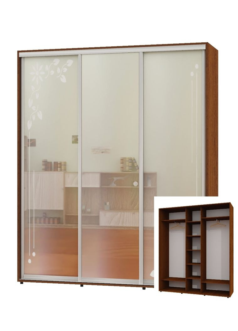Шафа-купе тридверна 210*45*240 Горіх лісовий 2 Дзеркала з піскострумним малюнком/Дзеркало ШК-04 Алекса (360478316)
