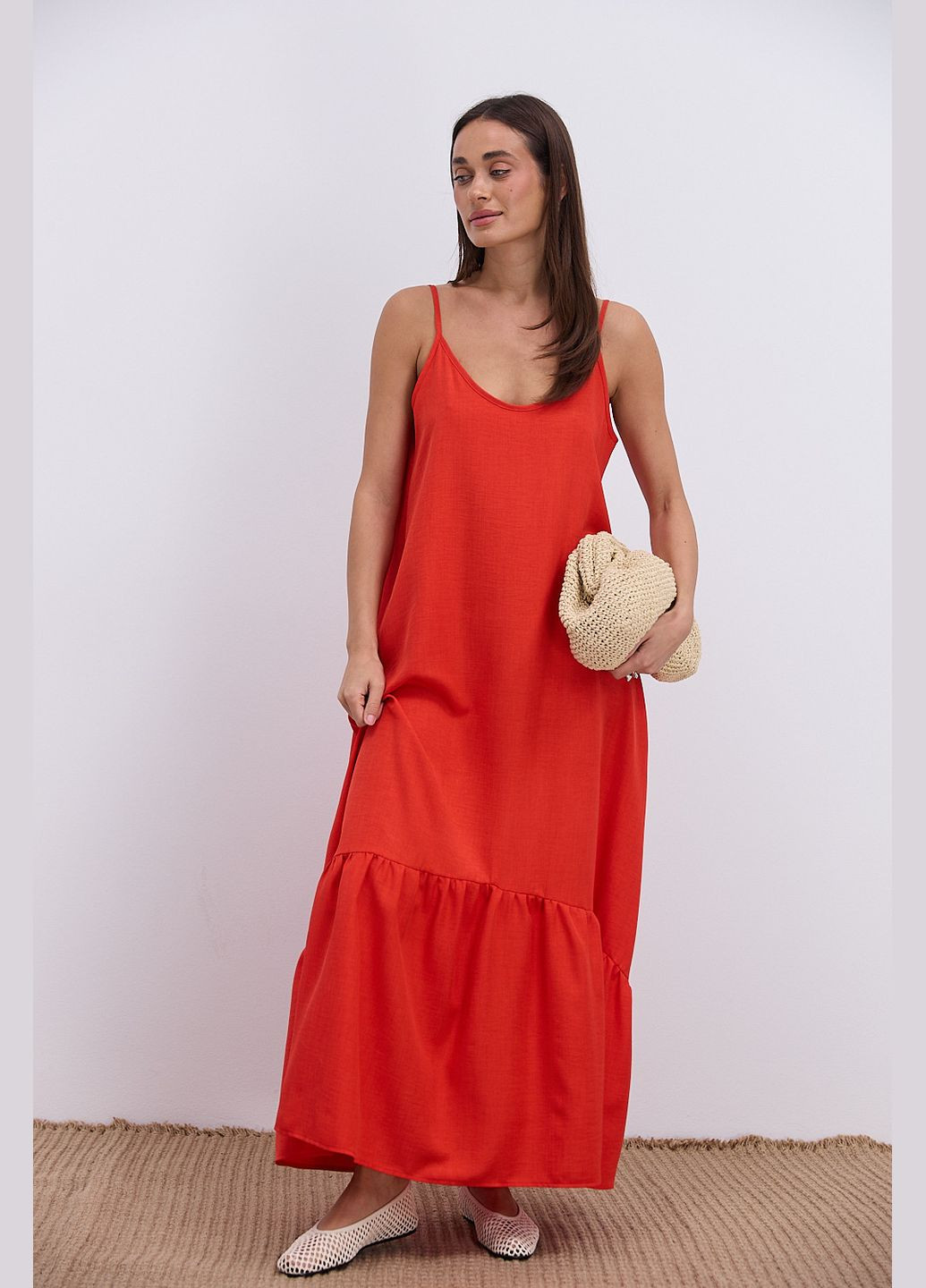 Червона довге літнє плаття червоне з фігурним воланом внизу Arjen