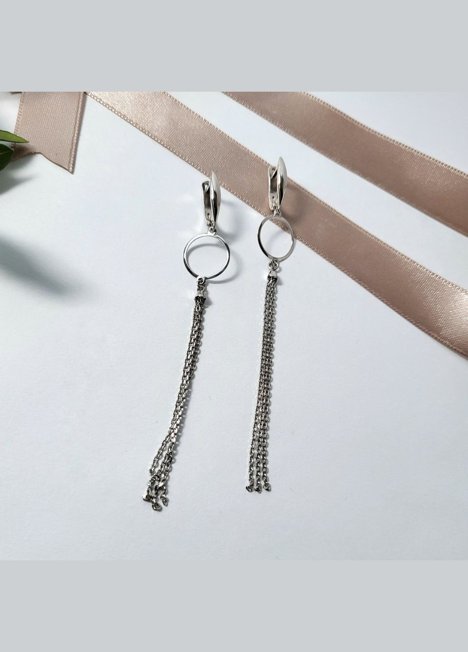 Срібні довгі сережки без каменів Ланцюжки срібло 925 проби Родоване 82823 3.07г No Brand (306743245)