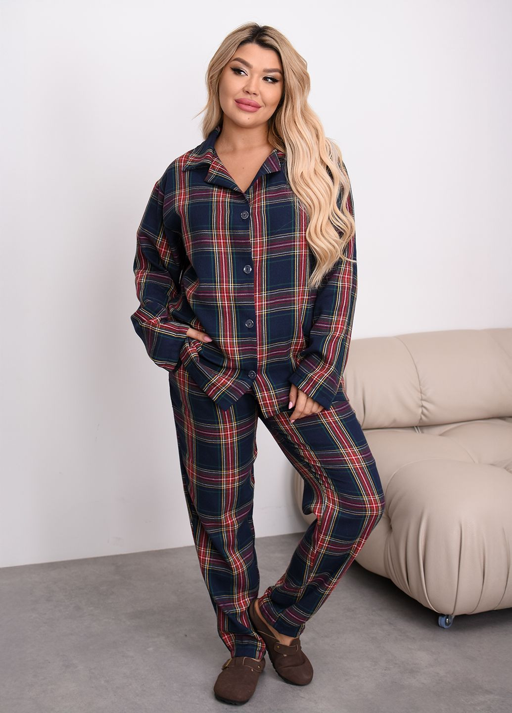 Темно-синяя всесезон пижамный костюм женский оверсайз из байки (рубашка + брюки) рубашка + брюки No Brand