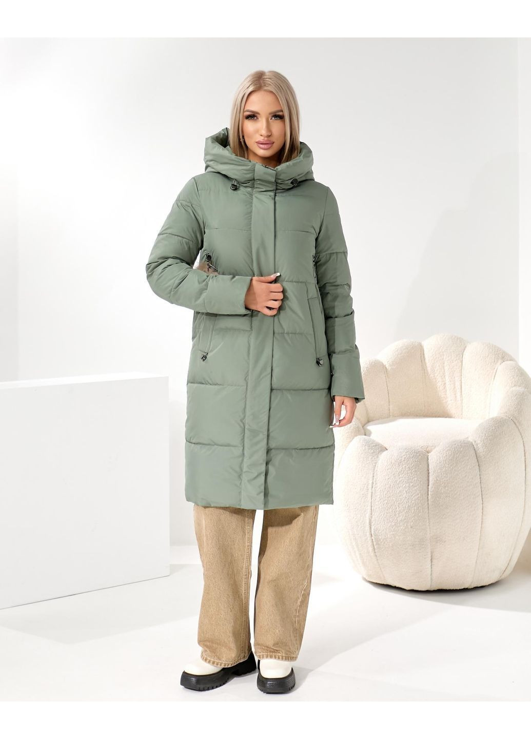 Светло-зеленое зимнее Стильное теплое пальто No Brand
