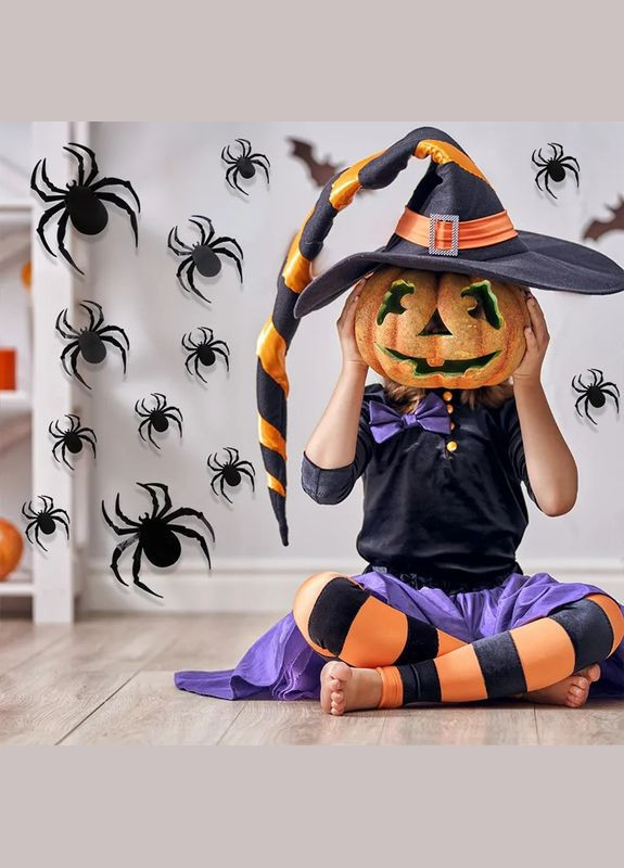 Набір 3D павуків для хелловін на скотчі 12 штук, наклейки на стіну, декор на стіну Чорний LELUNO (314489432)