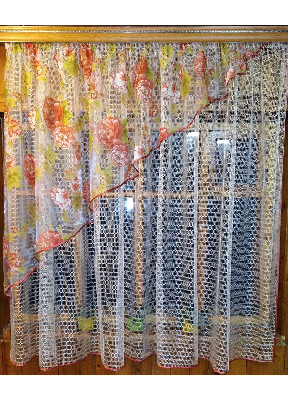 Готова фіранка коротка Фаїна молочка півонія ліва No Brand (372133992)