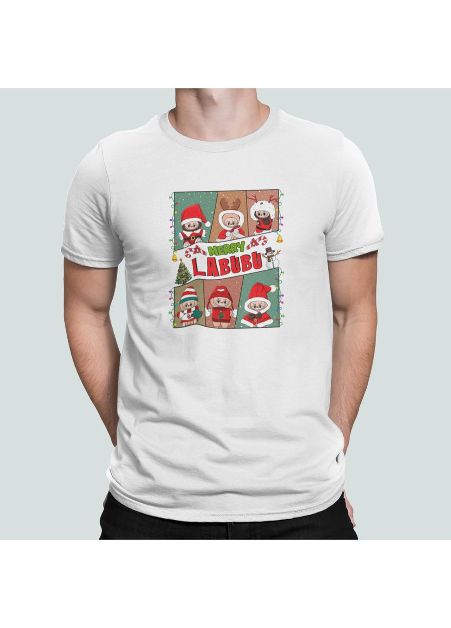 Белая мужская новогодняя футболка с принтом merry labubu лабубу рождество Stedman