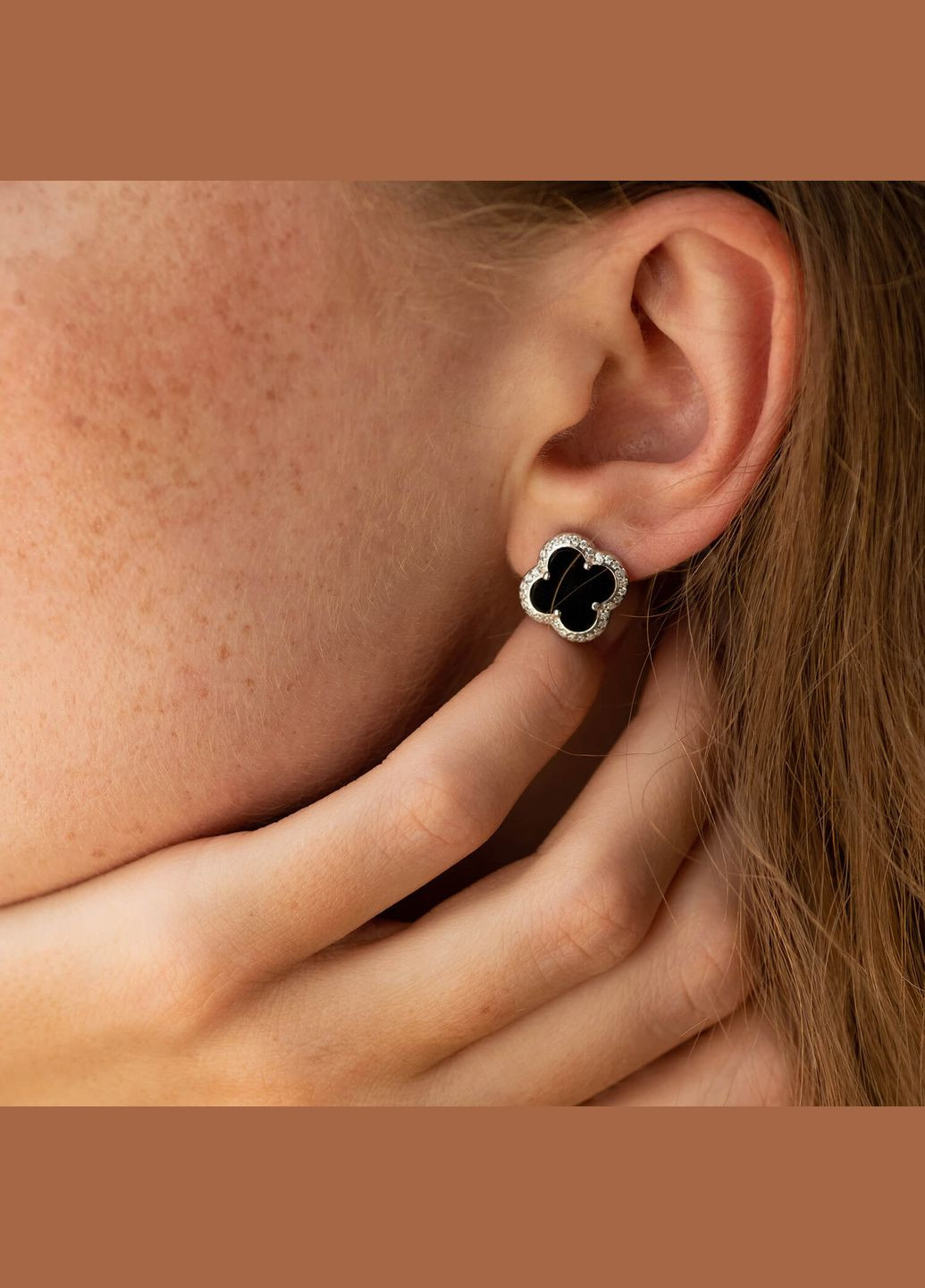 Срібні сережки - пусети Конюшина (онікс, фіаніти) 158/1о Oniks (264023174)