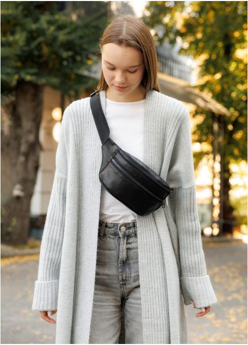 Жіноча сумка бананка на пояс із натуральної шкіри Чорна (814031512) Sambag (360965736)