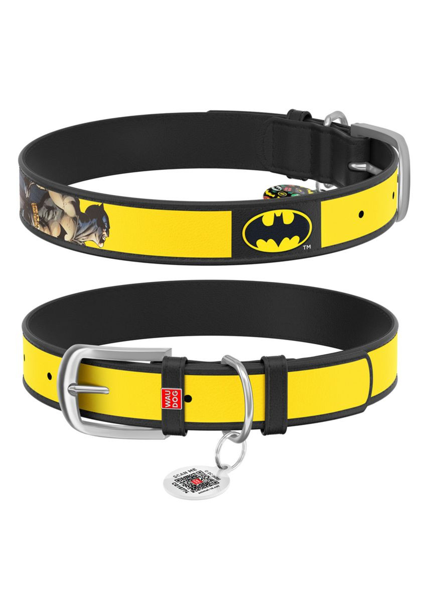 Ошейник для собак кожаный Design с QR паспортом, рисунок "Бэтмен2", S, Ш 15 мм, Дл 26-35 см черный WAUDOG (332880647)