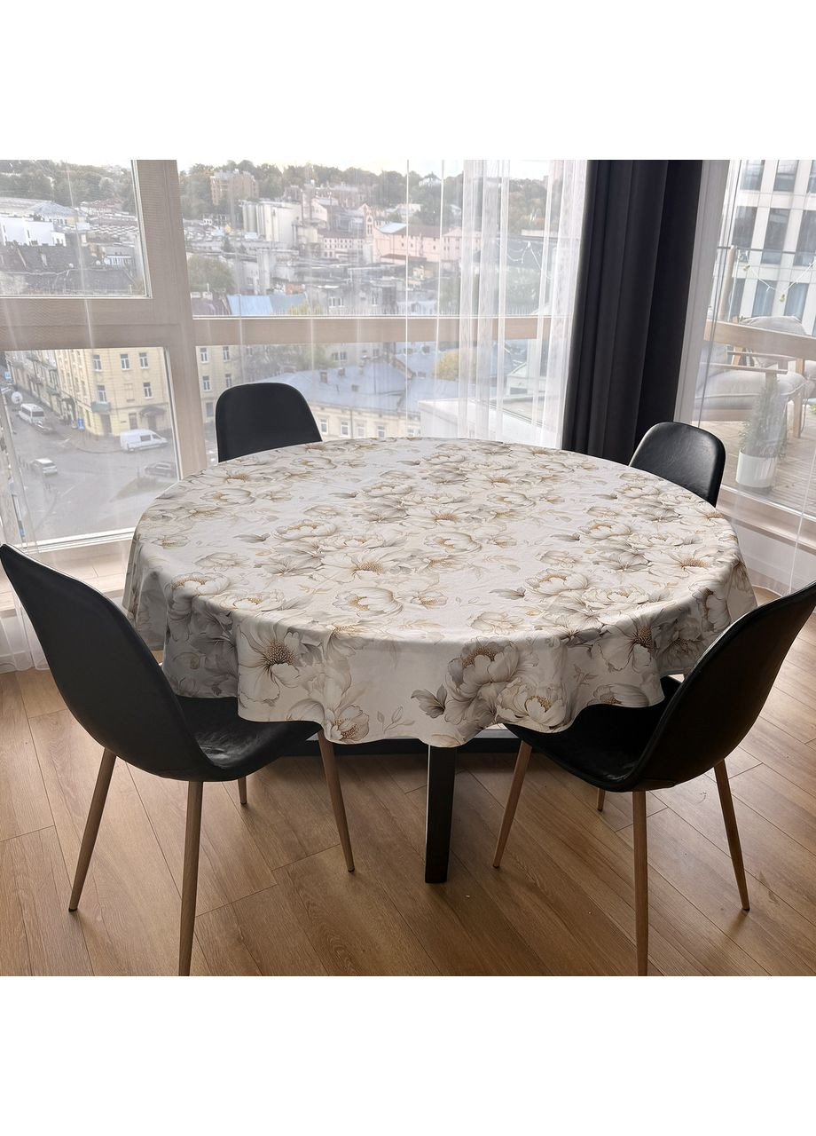 Кругла скатертина на стіл водовідштовхувальна біла бавовняна з тефлоновим покриттям Квіти Maystat (369505184)