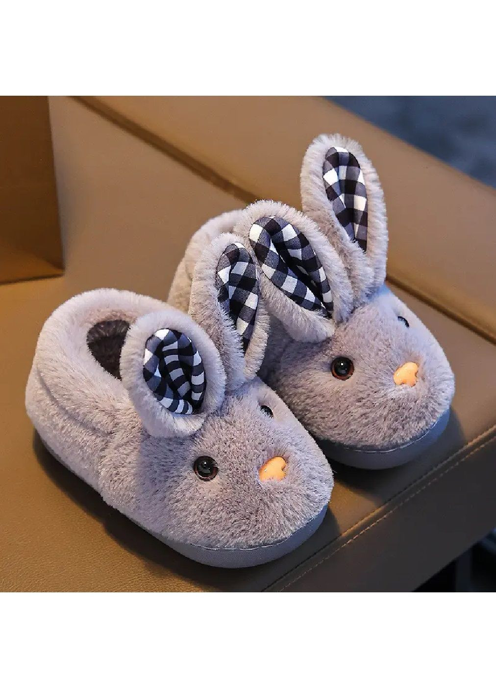 Дитячі плюшеві кімнатні домашні закриті капці з вушками в клітинку для хлопчиків (481295-Prob) Сірий зайчик розмір 24-25 Unbranded (360573654)