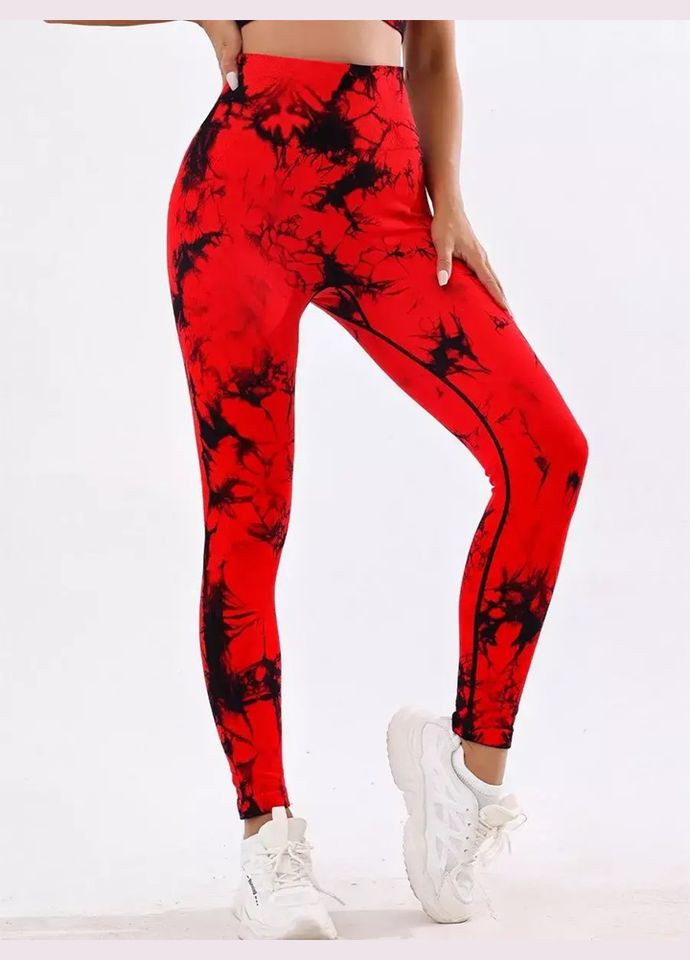 Комбинированные демисезонные леггинсы женские спортивные с пуш-ап tie dye 18903 l красный мрамор Fashion