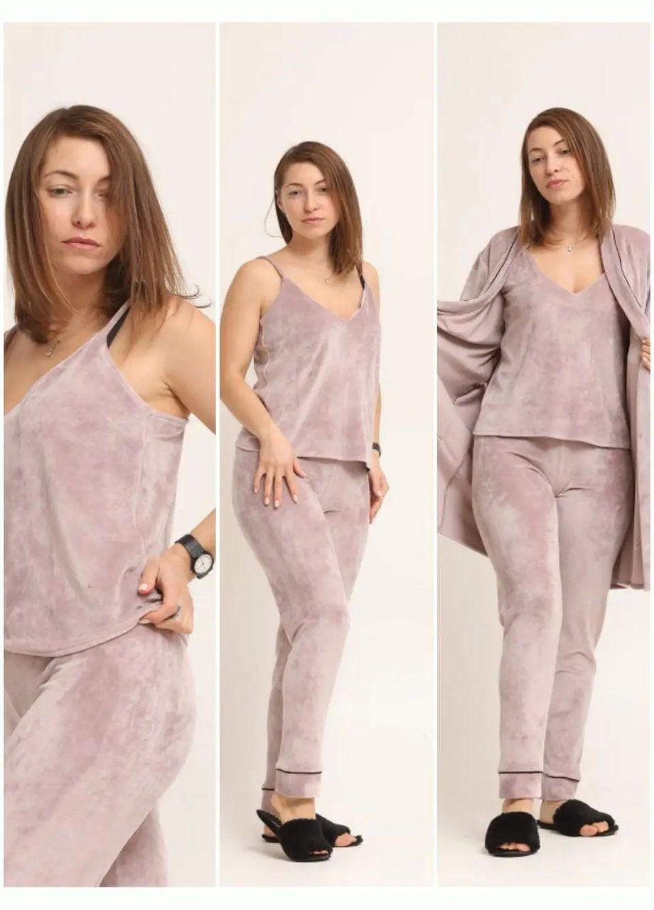 Пудровая всесезон комплект женский 3ка халат+штаны+майка, велюр на хлопковой основе (плюш), цвет темная пудра No Brand
